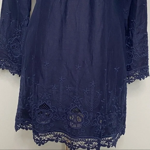 Malvin 100% Linen and Lace Trim Navy Embroidered Dress, Size Small 6 - Picture 2 of 11